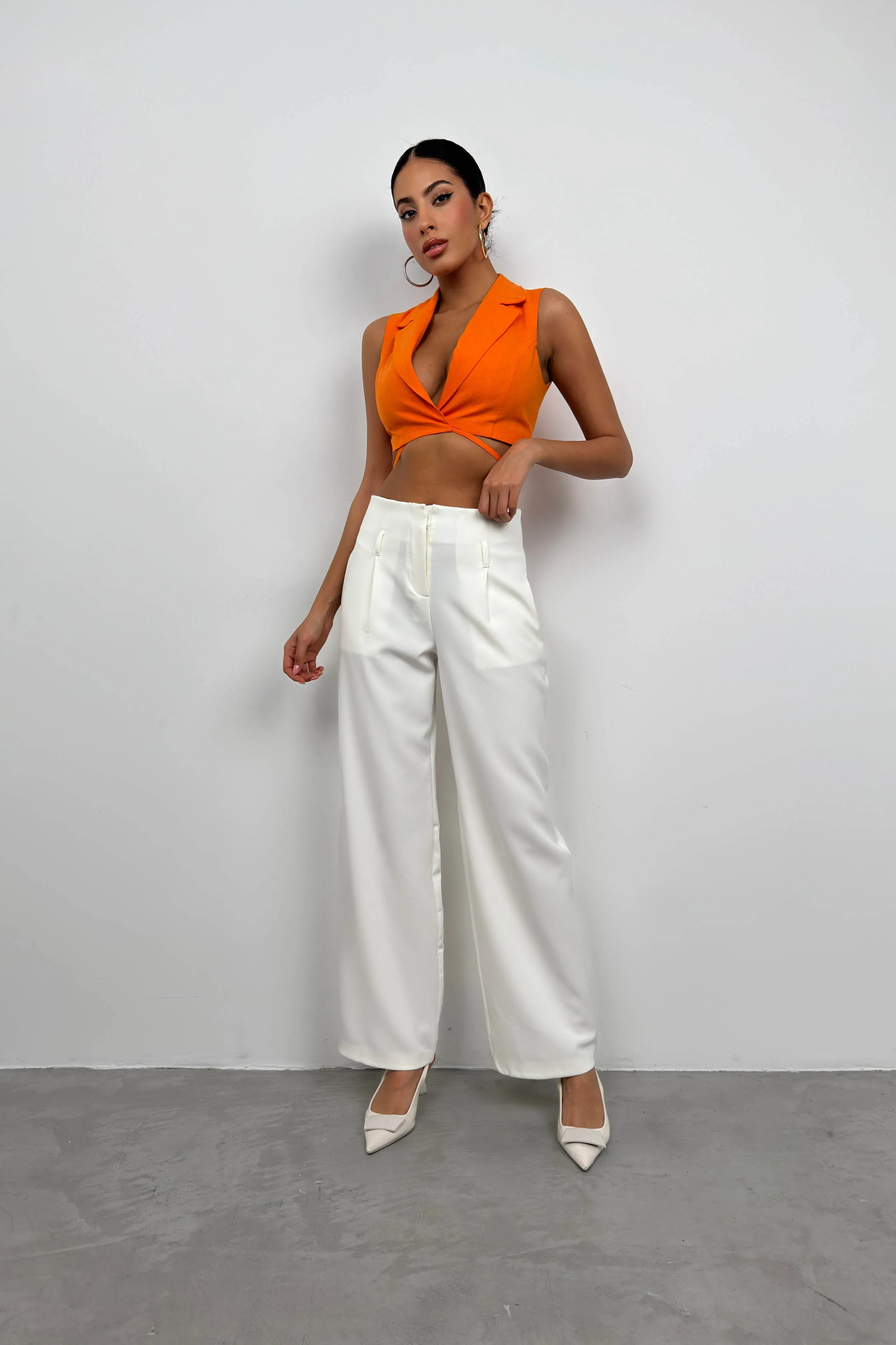 Cropped Linen Vest with Tie Detail