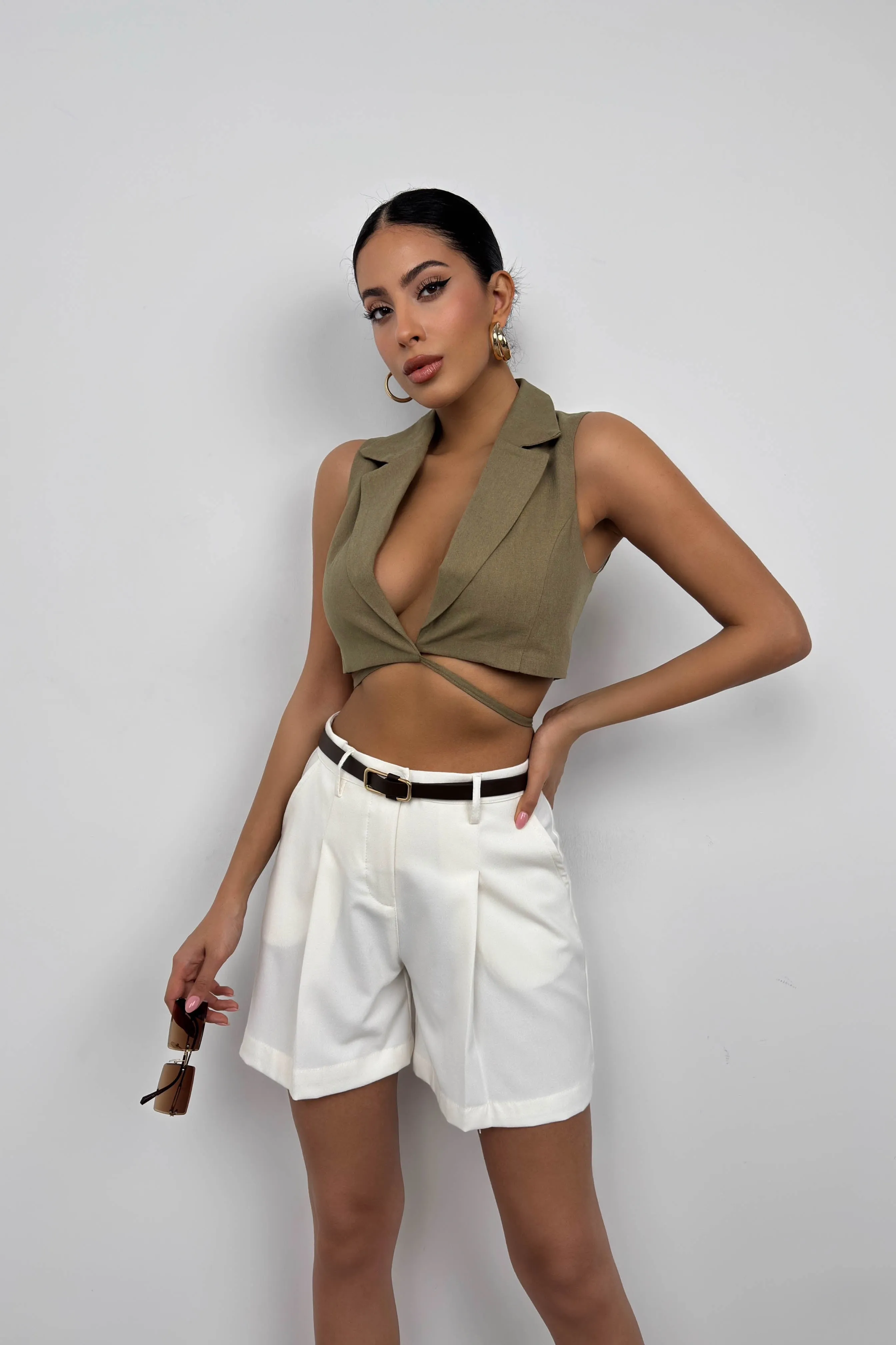 Cropped Linen Vest with Tie Detail