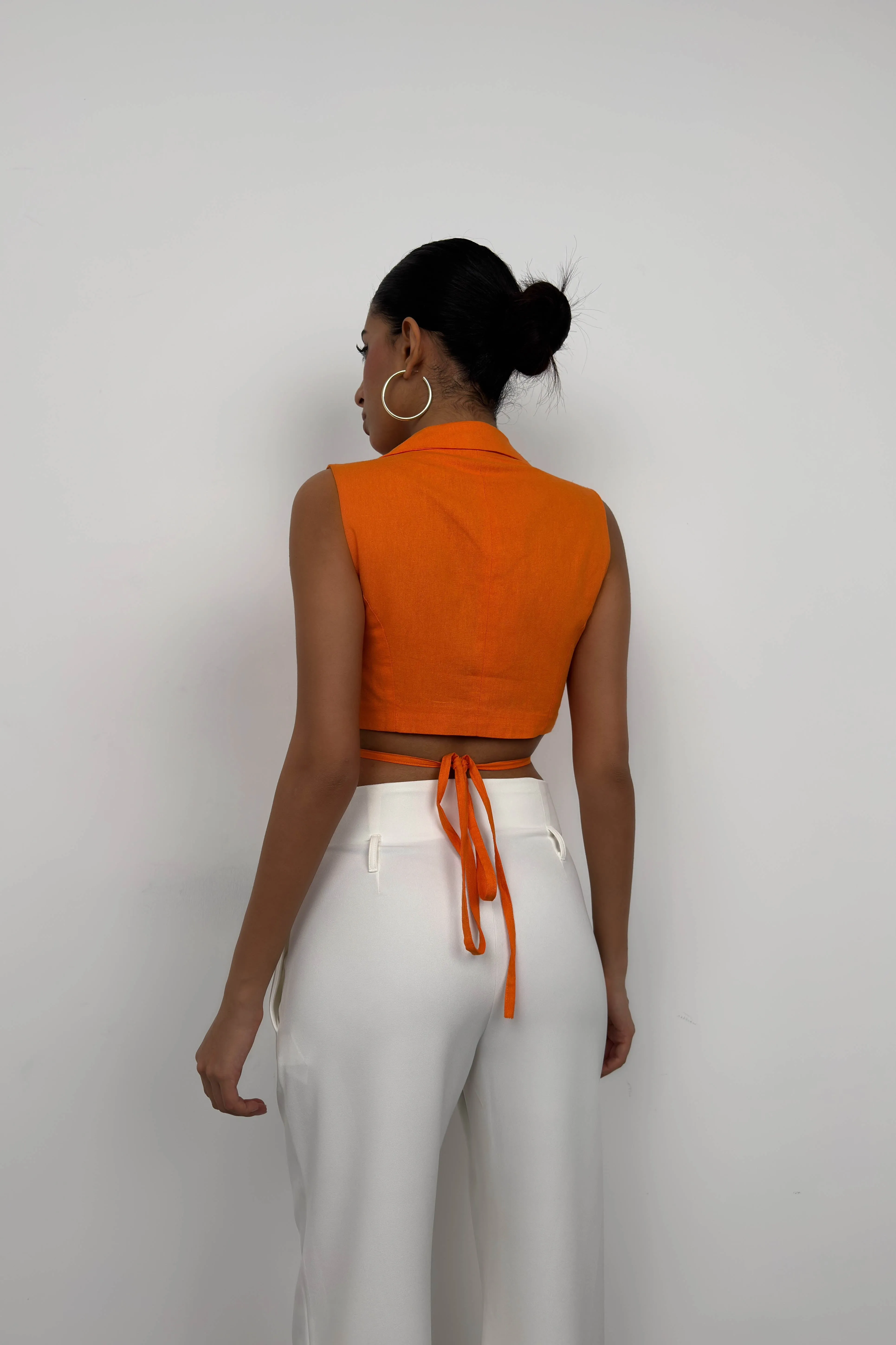Cropped Linen Vest with Tie Detail