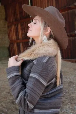 Cruel Women's Fur Collar Gray Tweed Jacket