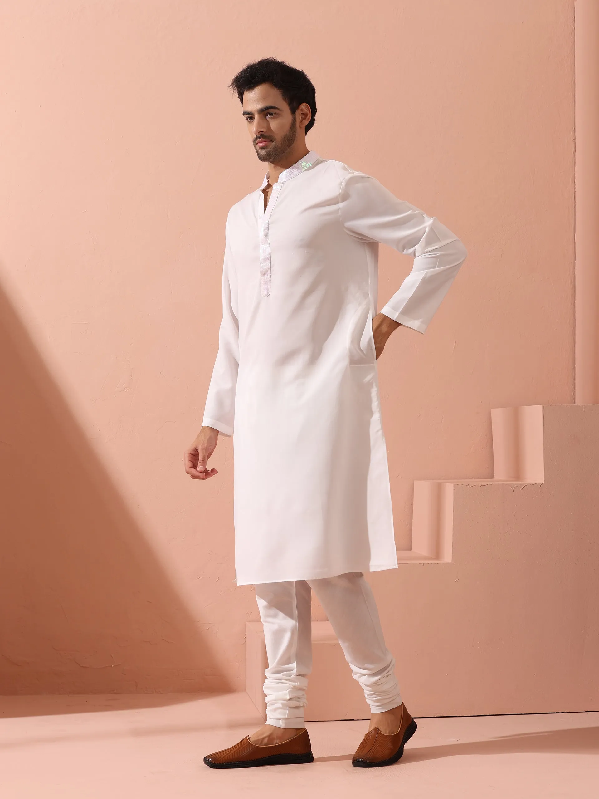 Dandy White Irridecent Sequin Crepe Kurta with Hidden Placket