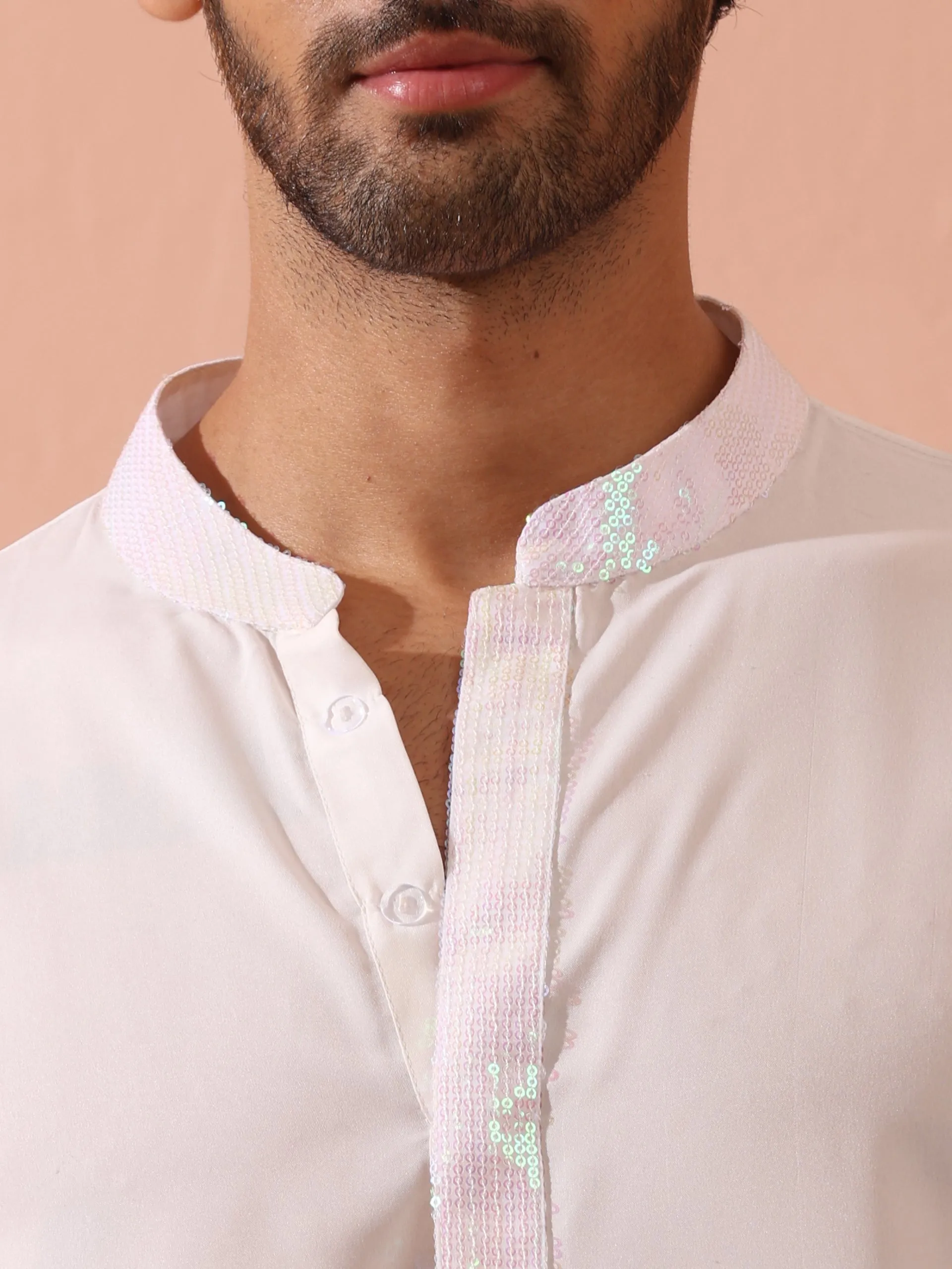 Dandy White Irridecent Sequin Crepe Kurta with Hidden Placket