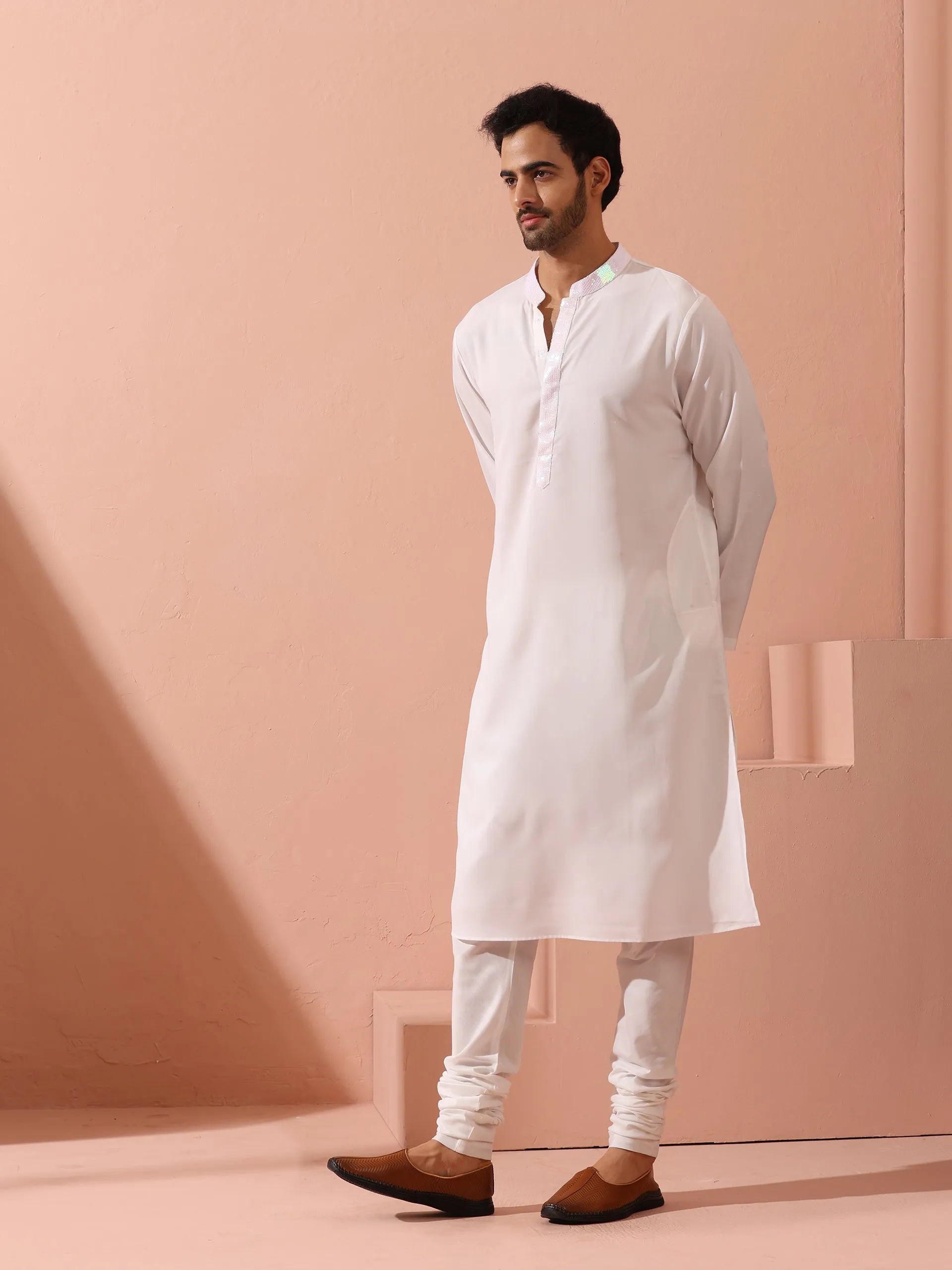 Dandy White Irridecent Sequin Crepe Kurta with Hidden Placket