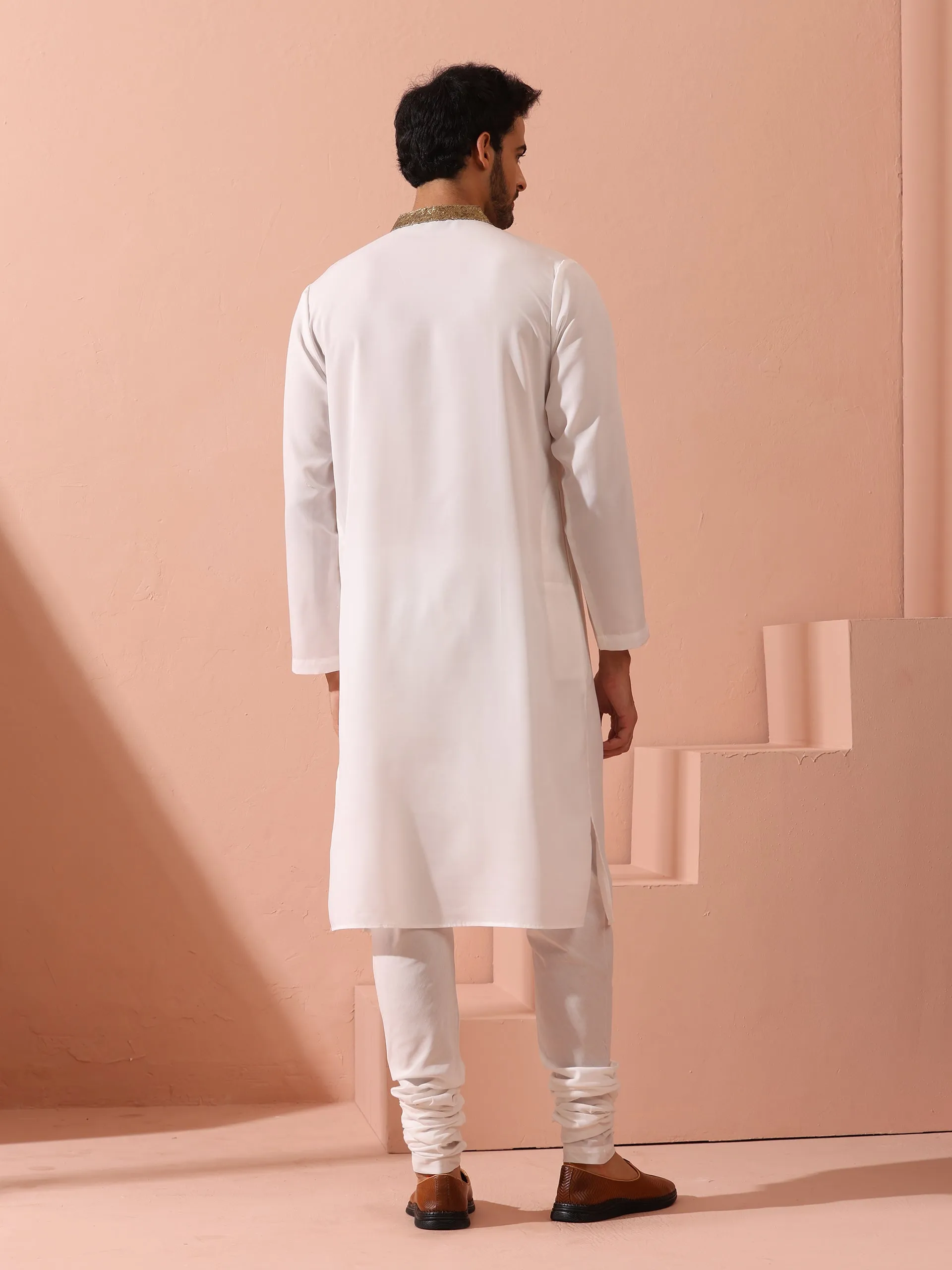 Dandy White Irridecent Sequin Crepe Kurta with Hidden Placket