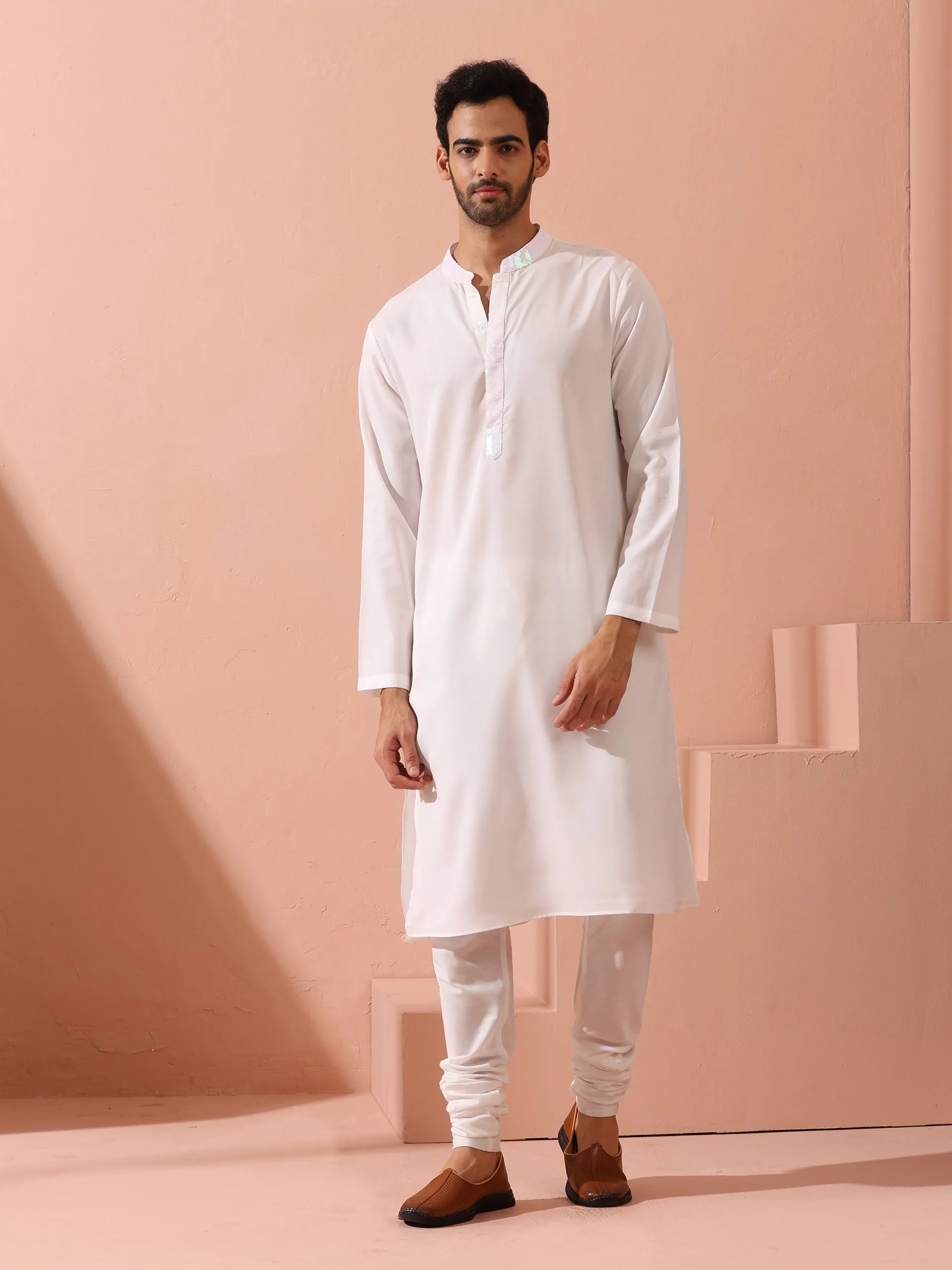 Dandy White Irridecent Sequin Crepe Kurta with Hidden Placket