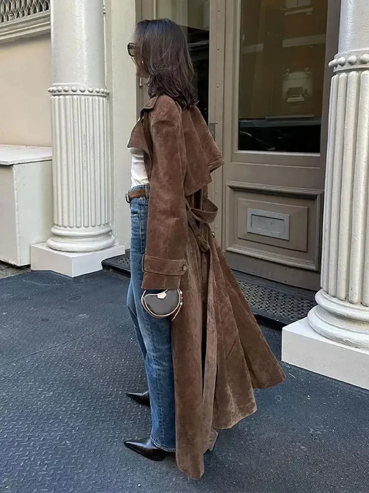 Elegant Suede Leather Chocolate Belt Long Coat Fashion Double Button Lapel Oversize Jacket Fashion New Autumn Street Windbreaker