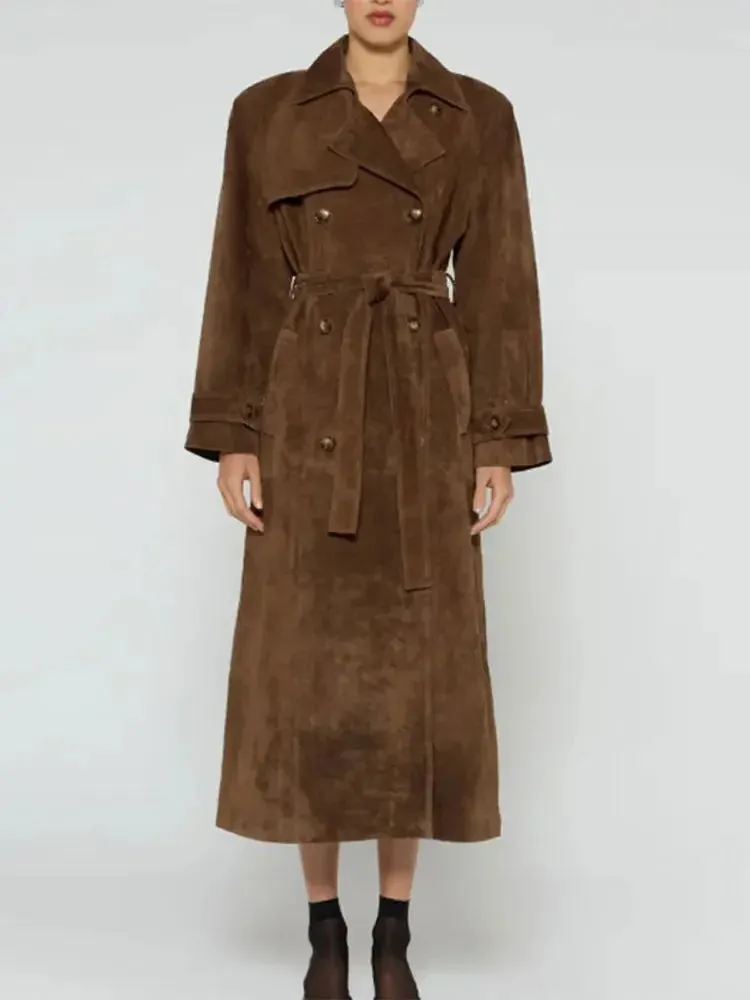 Elegant Suede Leather Chocolate Belt Long Coat Fashion Double Button Lapel Oversize Jacket Fashion New Autumn Street Windbreaker