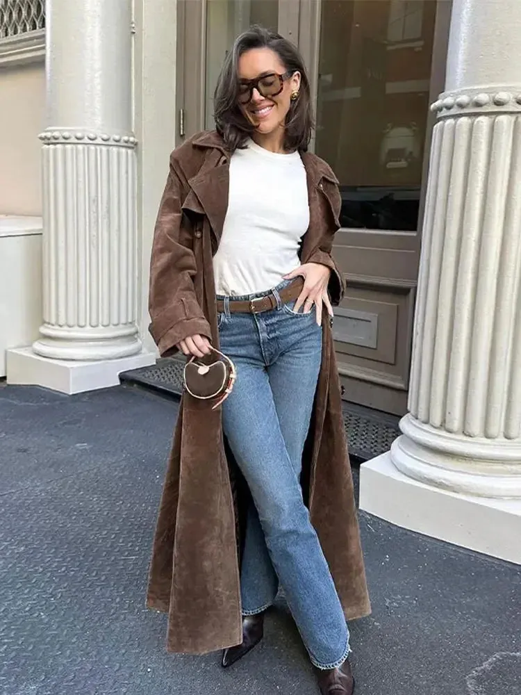 Elegant Suede Leather Chocolate Belt Long Coat Fashion Double Button Lapel Oversize Jacket Fashion New Autumn Street Windbreaker