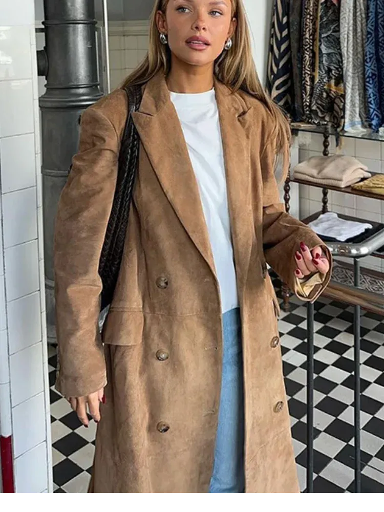 Elegant Suede Leather Chocolate Belt Long Coat Fashion Double Button Lapel Oversize Jacket Fashion New Autumn Street Windbreaker