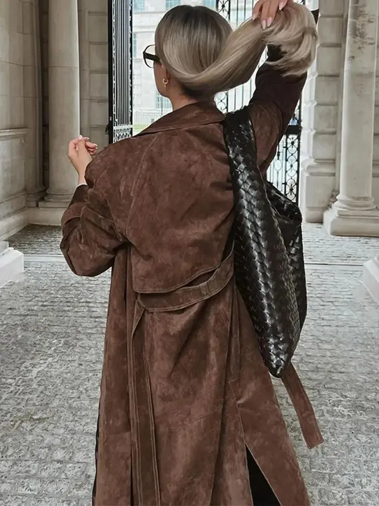 Elegant Suede Leather Chocolate Belt Long Coat Fashion Double Button Lapel Oversize Jacket Fashion New Autumn Street Windbreaker