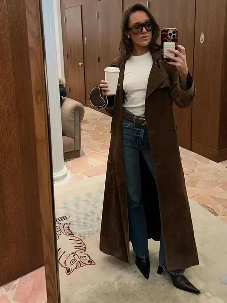 Elegant Suede Leather Chocolate Belt Long Coat Fashion Double Button Lapel Oversize Jacket Fashion New Autumn Street Windbreaker