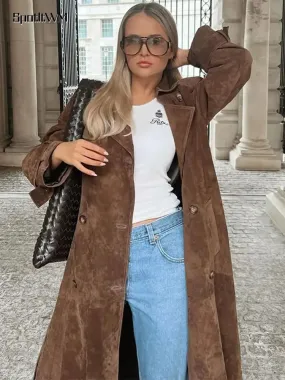 Elegant Suede Leather Chocolate Belt Long Coat Fashion Double Button Lapel Oversize Jacket Fashion New Autumn Street Windbreaker