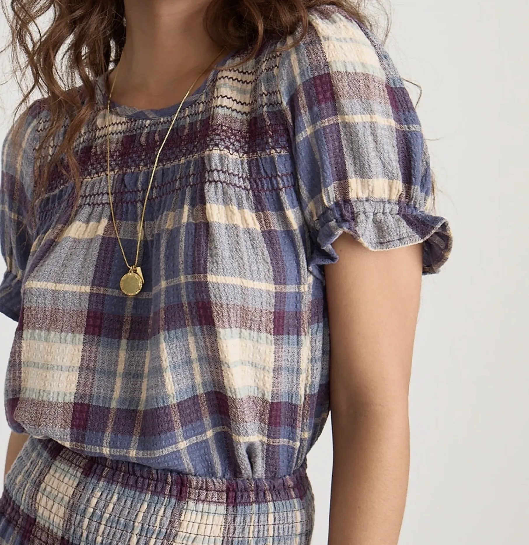 Elena Smocked Top -Dusty Blue Plaid