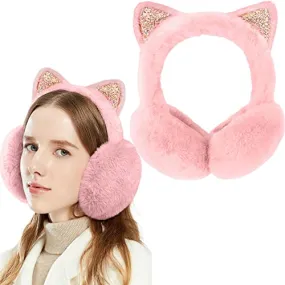 Eyegla Winter Ear Muffs for Women Fleece Ear Warmers Faux Fur Warm Cat Ear Earmuffs Foldable Outdoor Winter Ear Cover for Girls,Pink