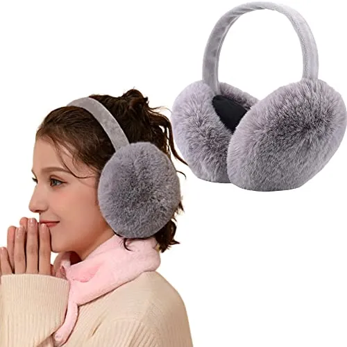 Eyegla Winter Ear Muffs for Women Men Faux Fur Warm Earmuffs Foldable Fleece Ear Warmers for Women Outdoor Winter Ear Cover for Girls,Grey