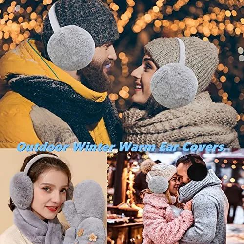 Eyegla Winter Ear Muffs for Women Men Faux Fur Warm Earmuffs Foldable Fleece Ear Warmers for Women Outdoor Winter Ear Cover for Girls,Grey