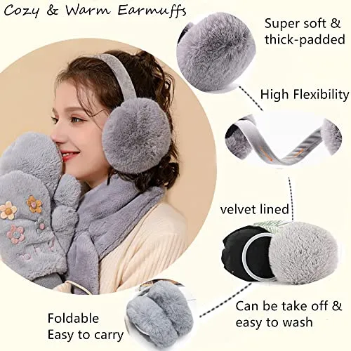 Eyegla Winter Ear Muffs for Women Men Faux Fur Warm Earmuffs Foldable Fleece Ear Warmers for Women Outdoor Winter Ear Cover for Girls,Grey