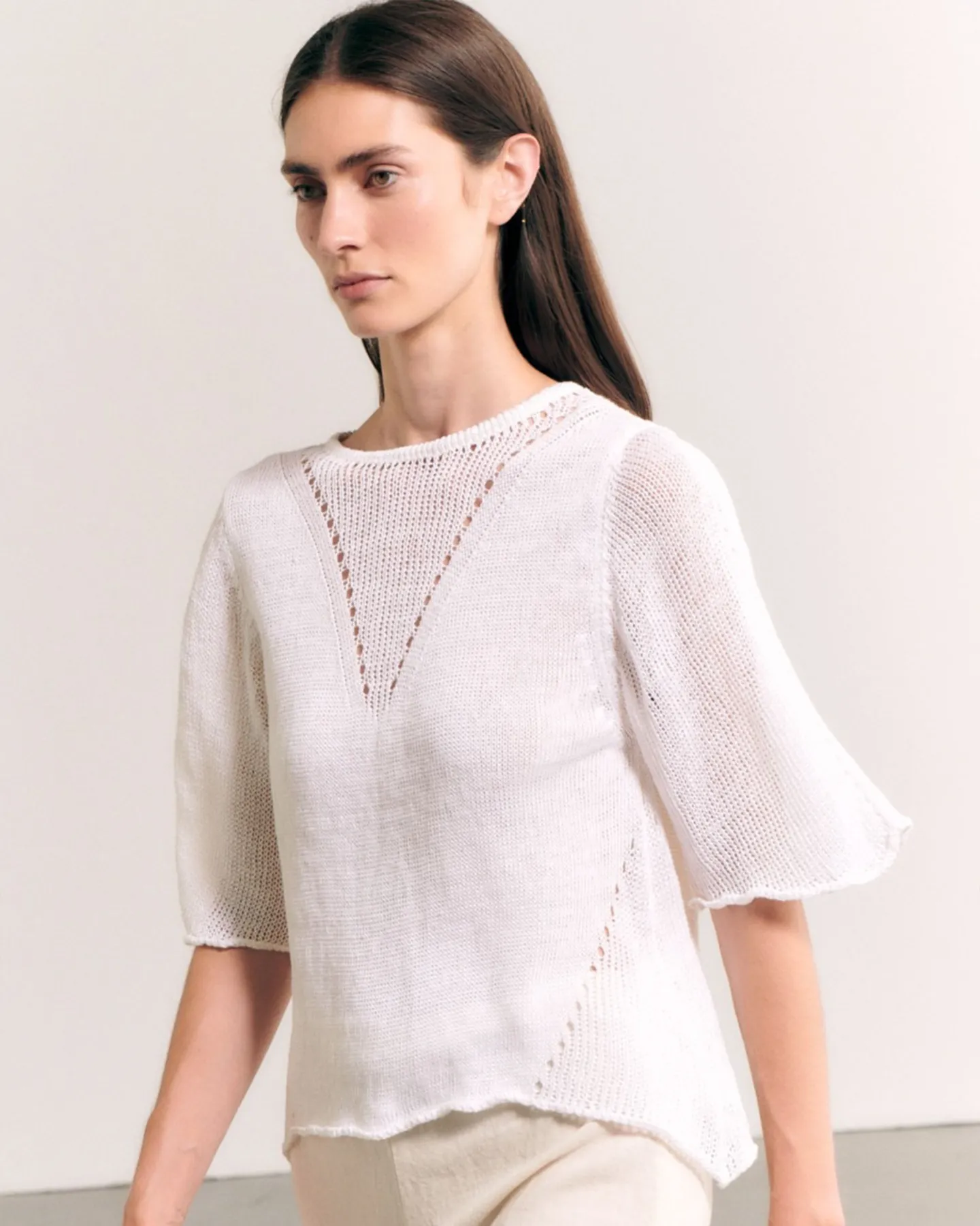 FLARED KNIT LINEN SWEATER - WHITE