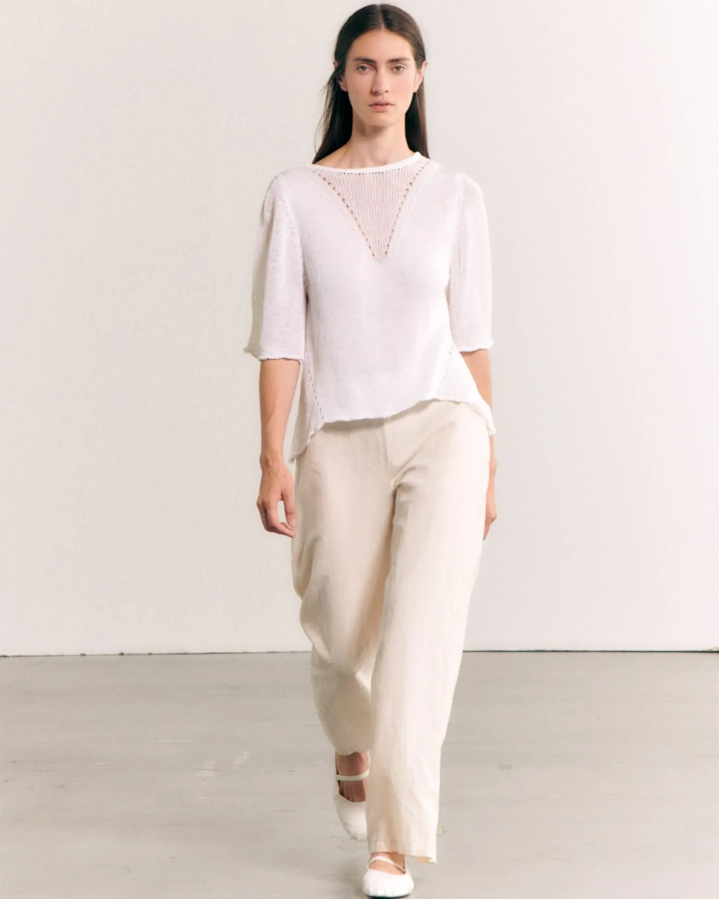 FLARED KNIT LINEN SWEATER - WHITE