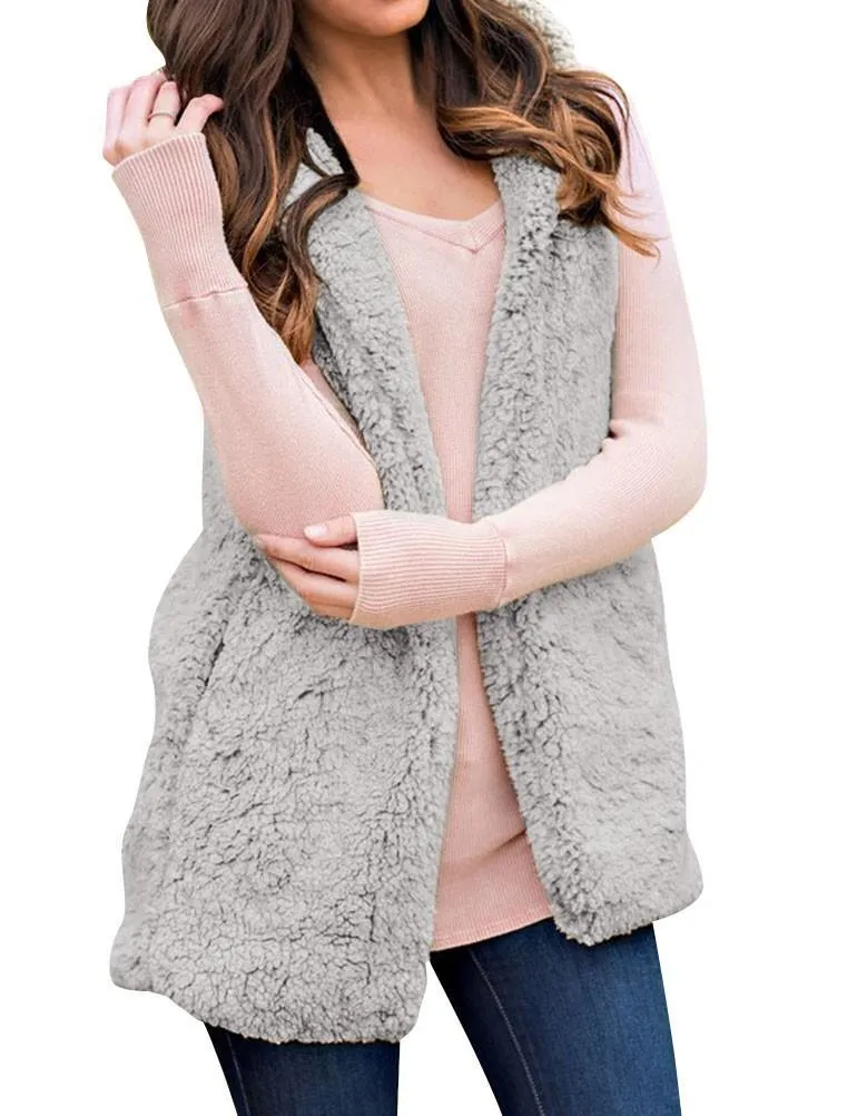 Fleece Sleeveless Hooded Cardigan with Pocket