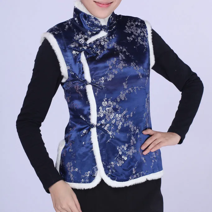 Floral Brocade Chinese Waistcoat with Fur Edge