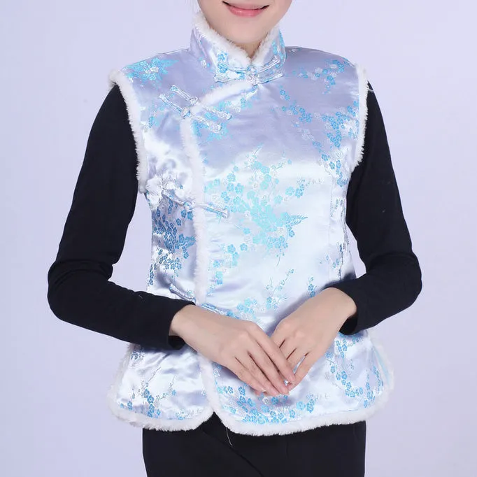 Floral Brocade Chinese Waistcoat with Fur Edge