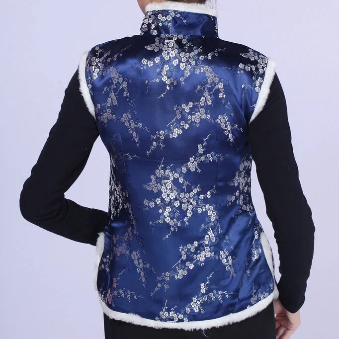 Floral Brocade Chinese Waistcoat with Fur Edge