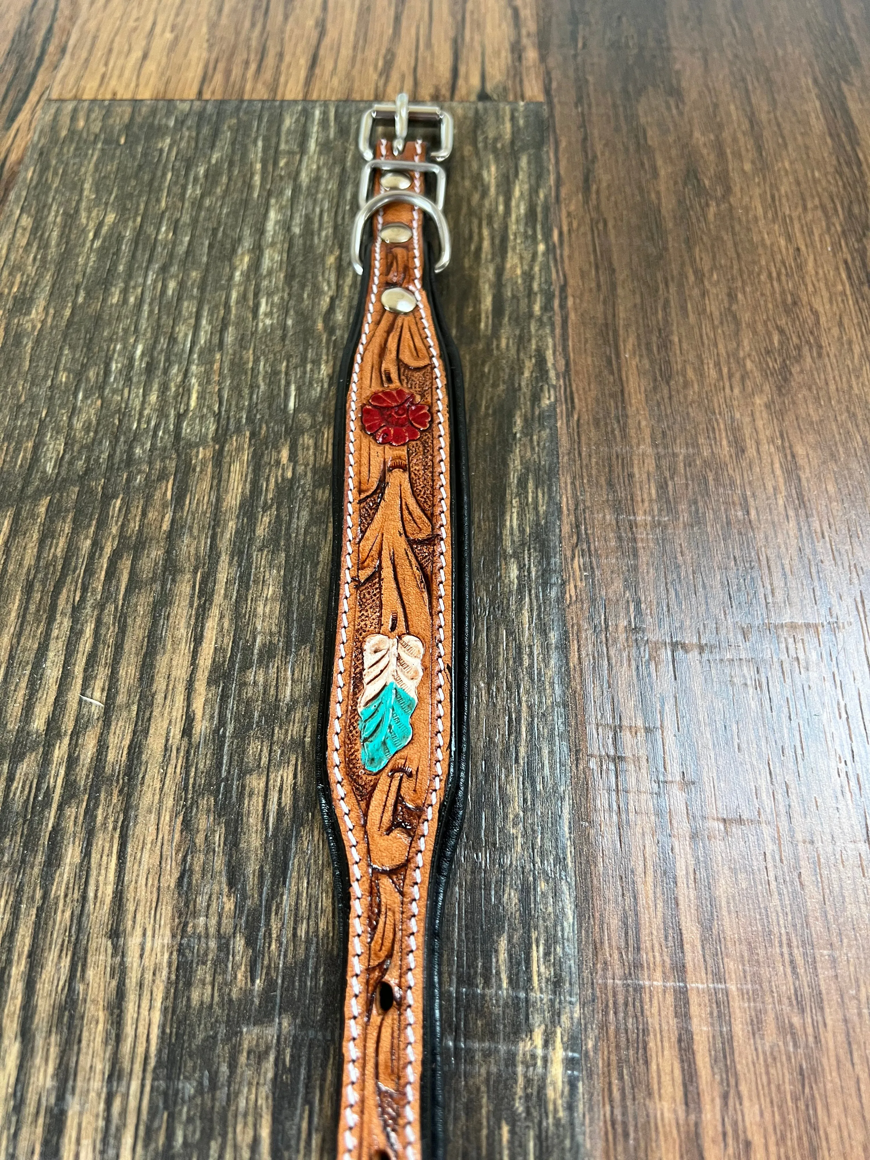 Handcrafted Padded Leather Tooled Dog Collar Red Leaf