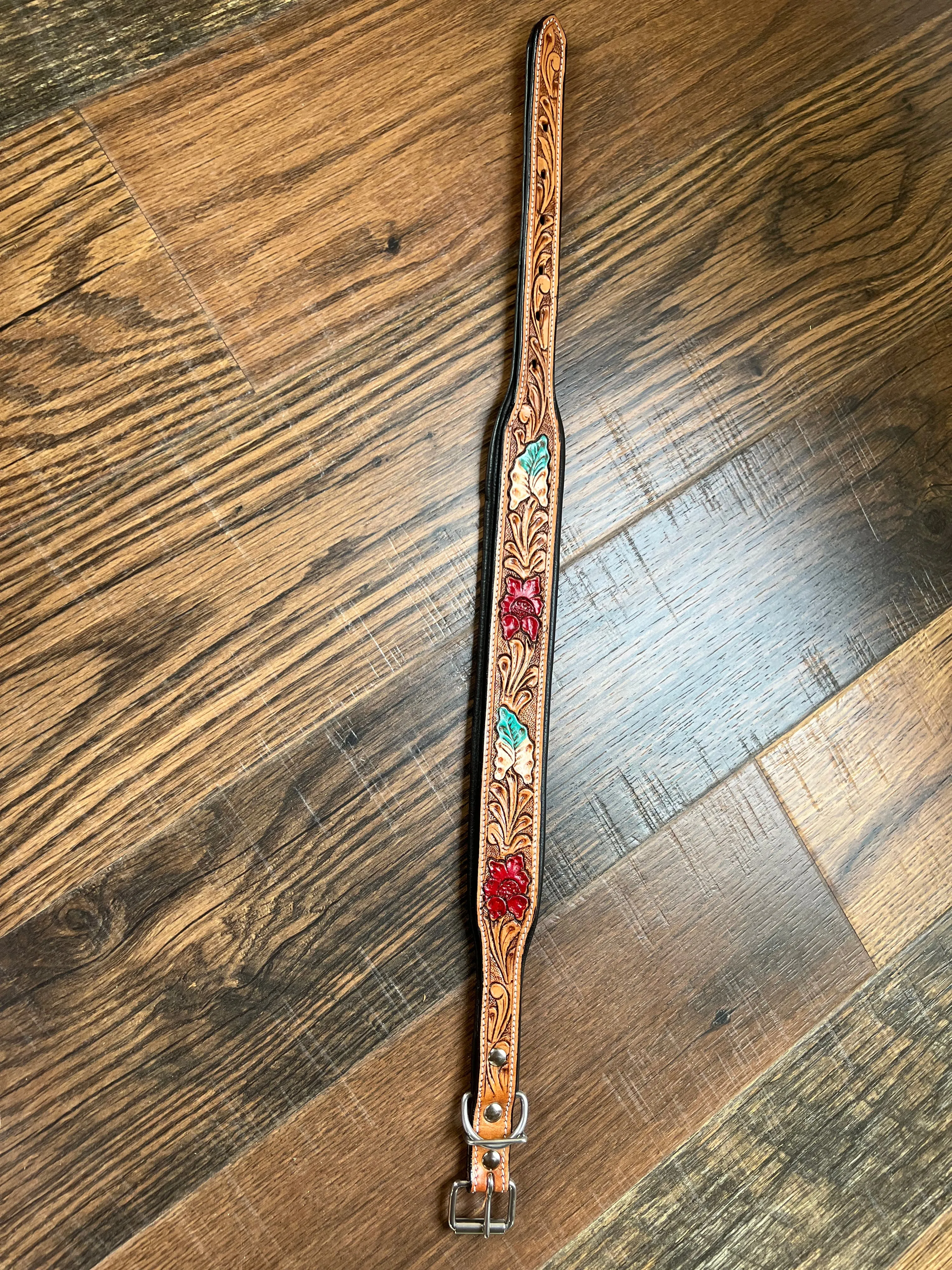 Handcrafted Padded Leather Tooled Dog Collar Red Leaf