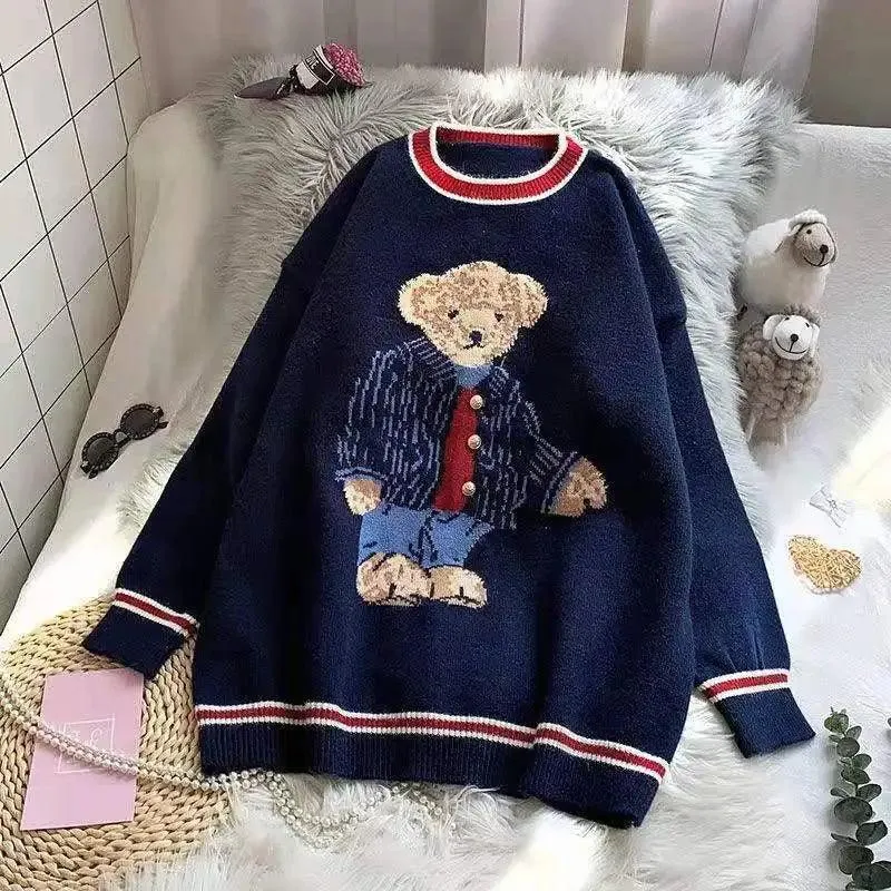 Japanese Cartoon Bear Oversized Knit Vest: Cozy Autumn/Winter Style