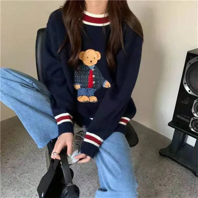 Japanese Cartoon Bear Oversized Knit Vest: Cozy Autumn/Winter Style