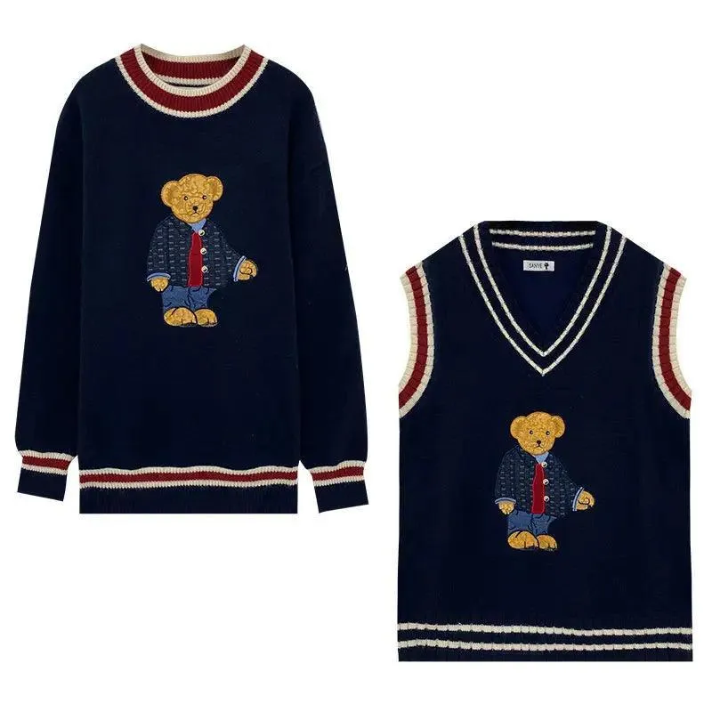 Japanese Cartoon Bear Oversized Knit Vest: Cozy Autumn/Winter Style
