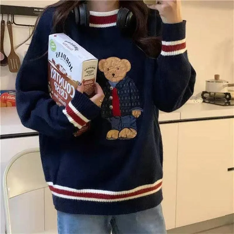 Japanese Cartoon Bear Oversized Knit Vest: Cozy Autumn/Winter Style