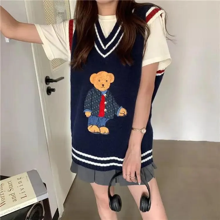 Japanese Cartoon Bear Oversized Knit Vest: Cozy Autumn/Winter Style