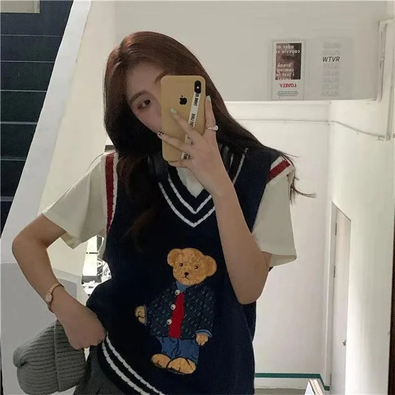 Japanese Cartoon Bear Oversized Knit Vest: Cozy Autumn/Winter Style