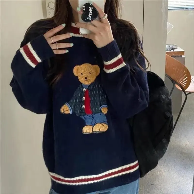Japanese Cartoon Bear Oversized Knit Vest: Cozy Autumn/Winter Style