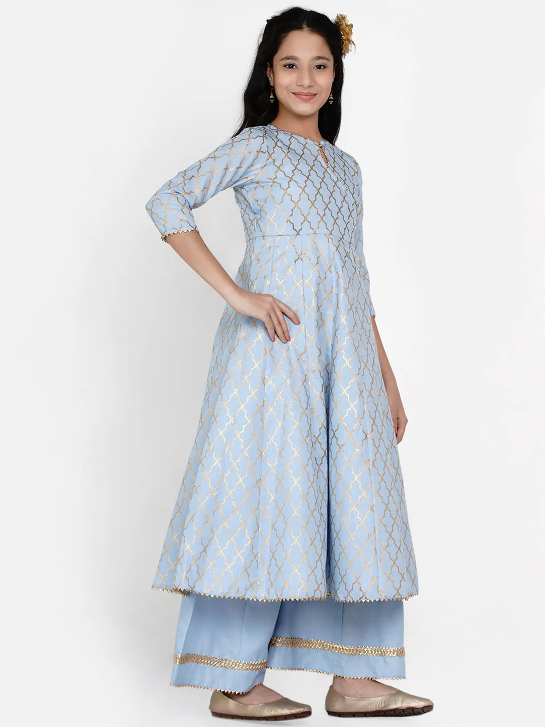 Jashvi Girls Blue Printed Regular Kurta With Palazzos