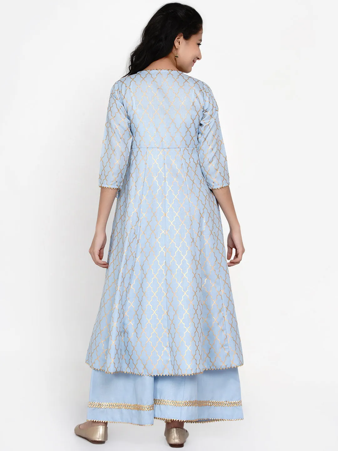 Jashvi Girls Blue Printed Regular Kurta With Palazzos