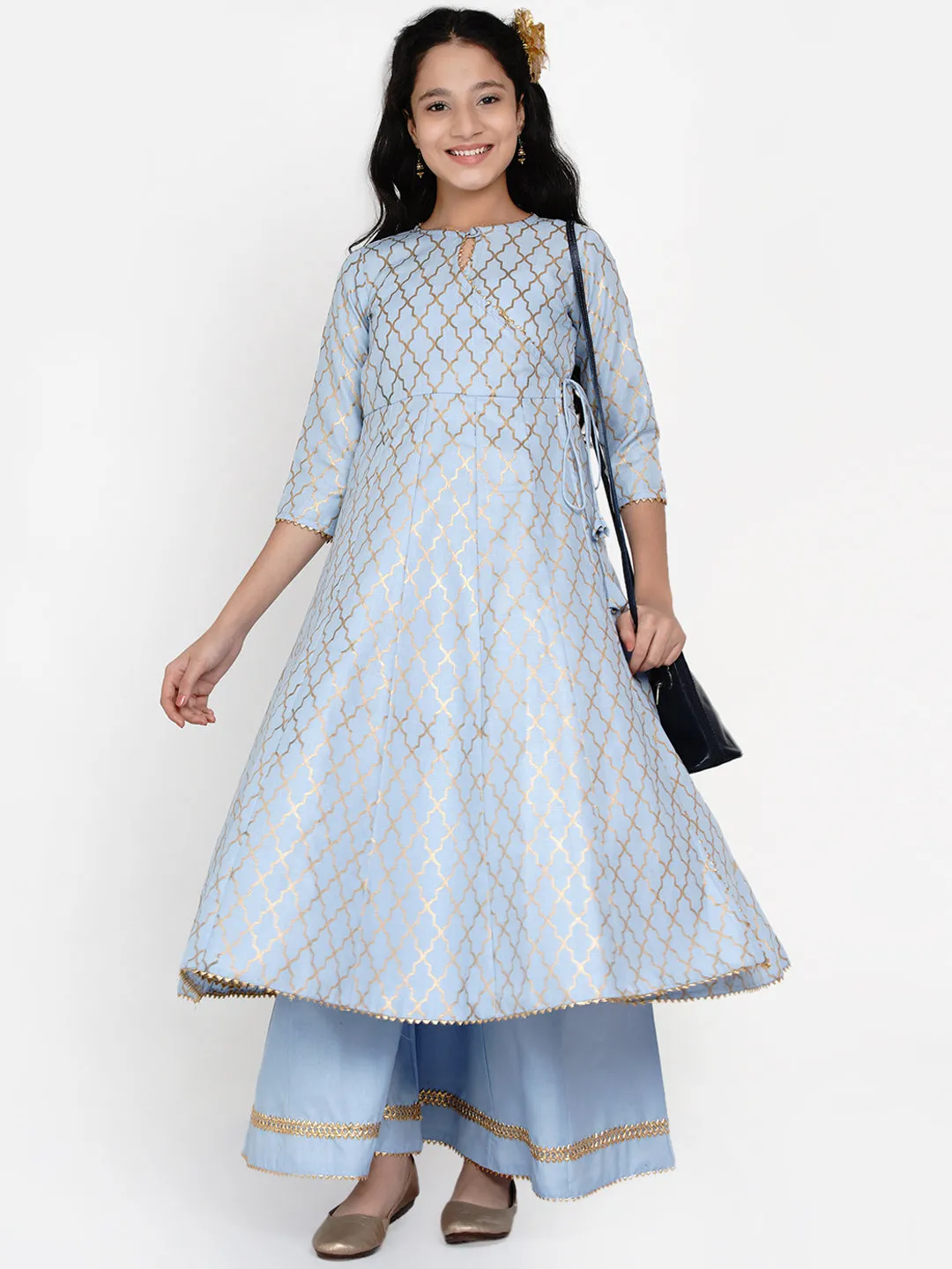 Jashvi Girls Blue Printed Regular Kurta With Palazzos
