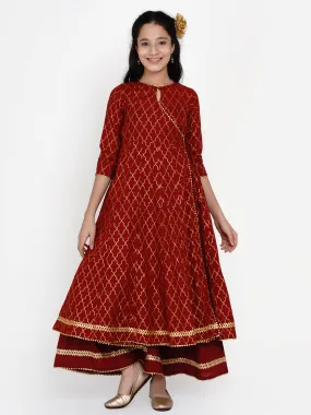 Jashvi Girls Maroon & Gold Ethnic Motifs Printed Anarkali Kurta With Palazzos
