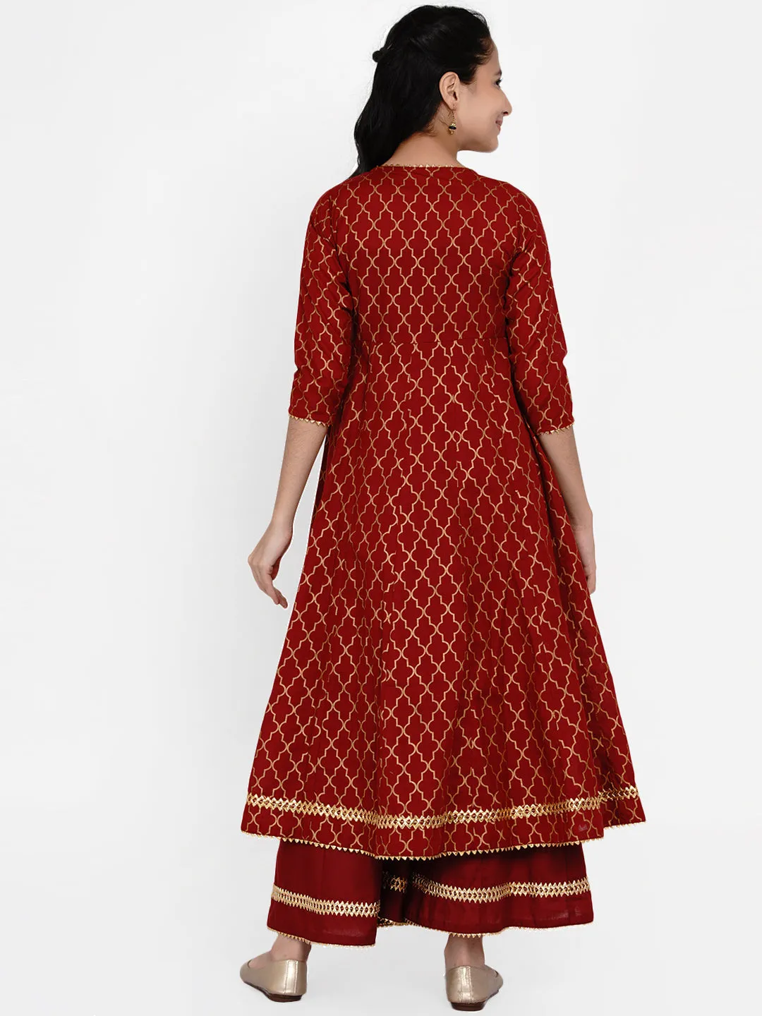 Jashvi Girls Maroon & Gold Ethnic Motifs Printed Anarkali Kurta With Palazzos
