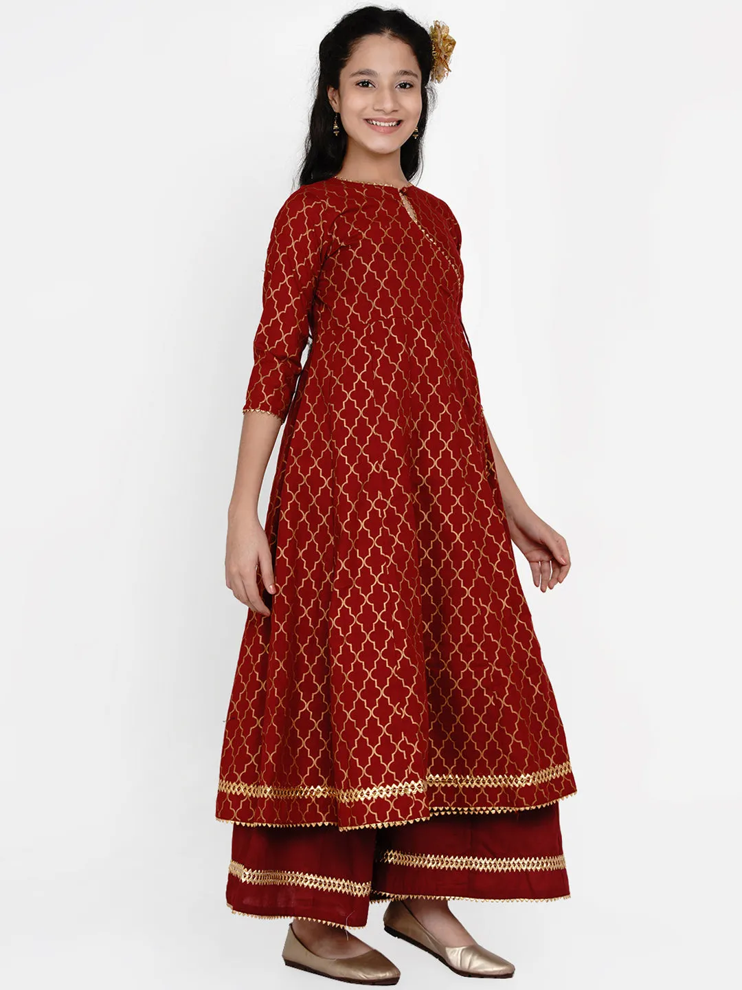 Jashvi Girls Maroon & Gold Ethnic Motifs Printed Anarkali Kurta With Palazzos