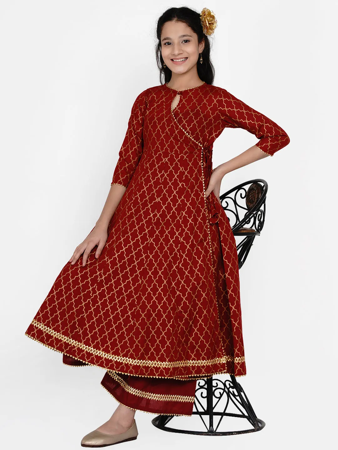 Jashvi Girls Maroon & Gold Ethnic Motifs Printed Anarkali Kurta With Palazzos