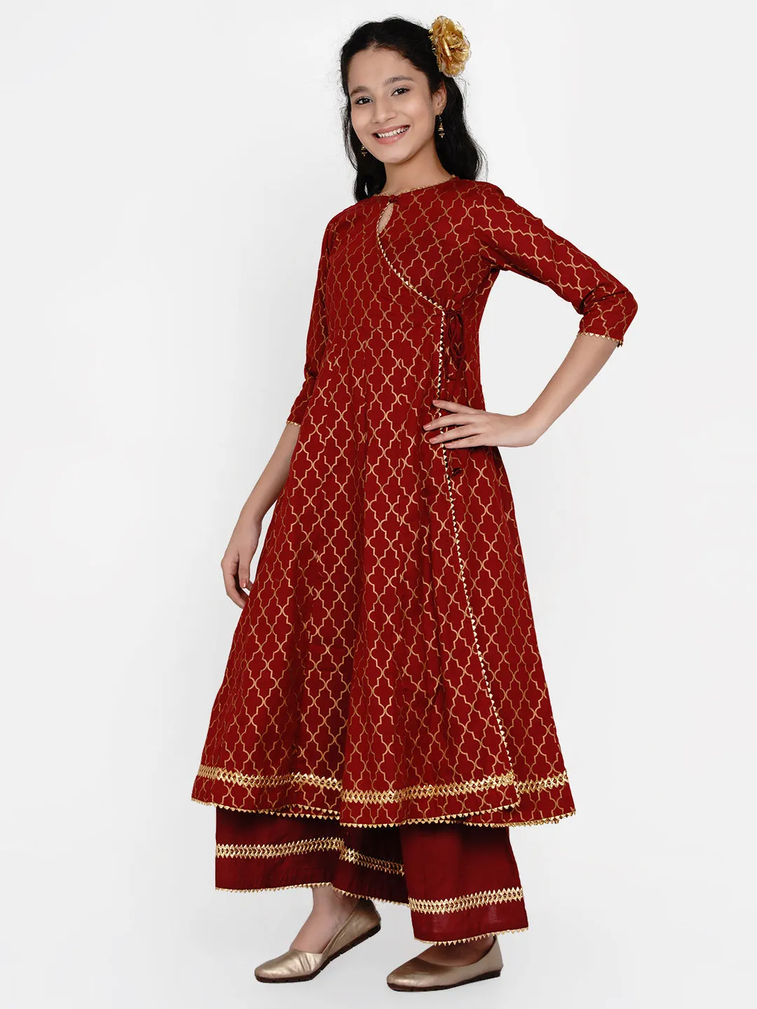 Jashvi Girls Maroon & Gold Ethnic Motifs Printed Anarkali Kurta With Palazzos