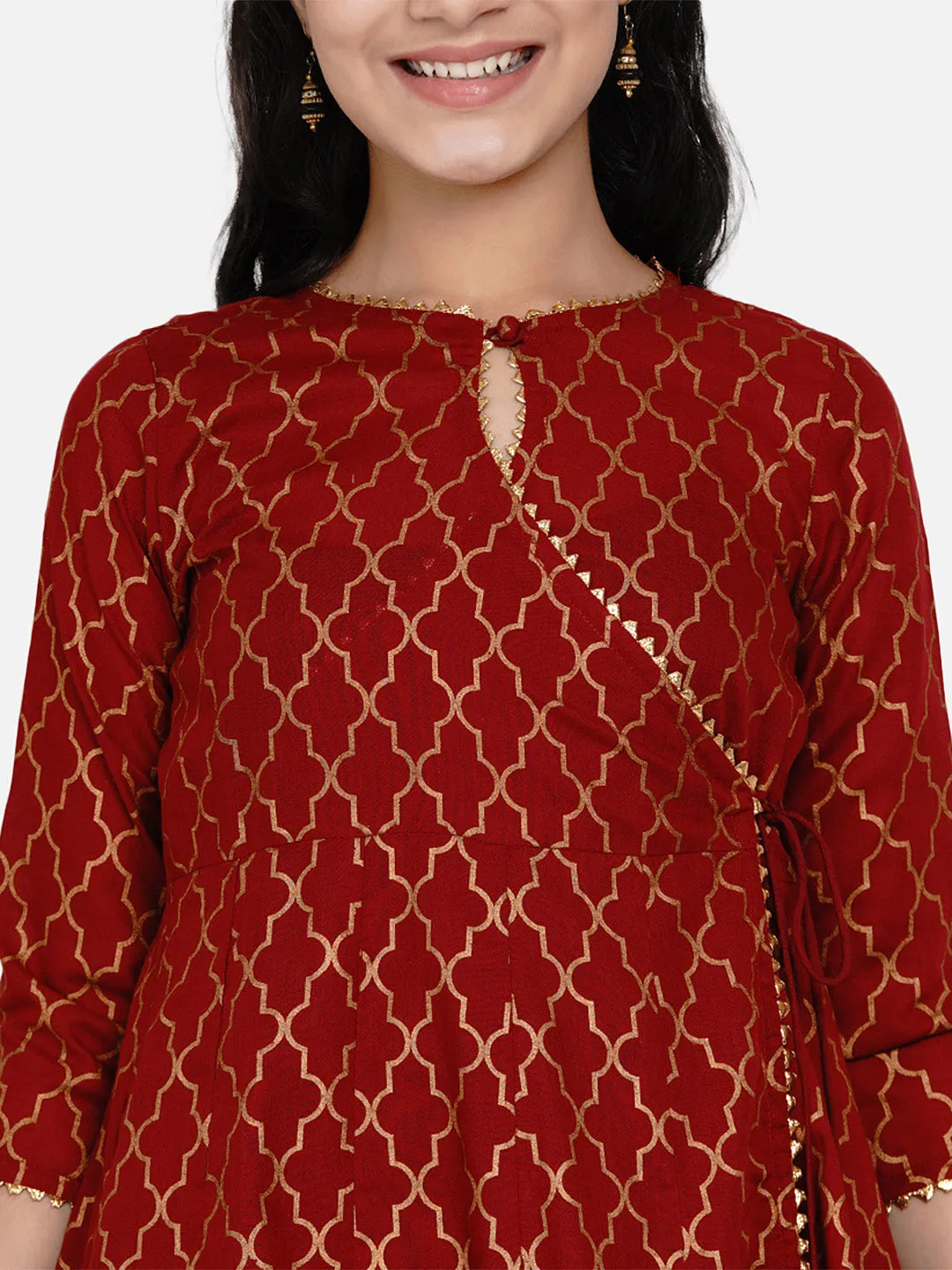 Jashvi Girls Maroon & Gold Ethnic Motifs Printed Anarkali Kurta With Palazzos