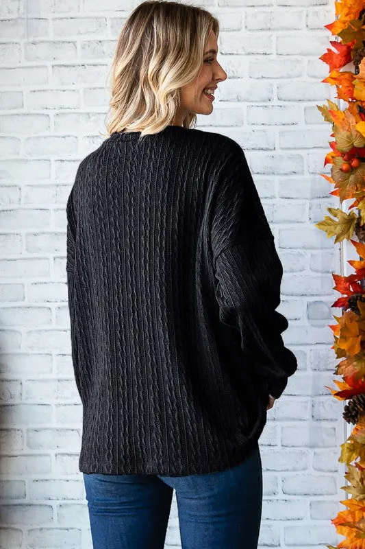 Jordan - Cable Knit Drop Shoulder Pullover Sweater - Black