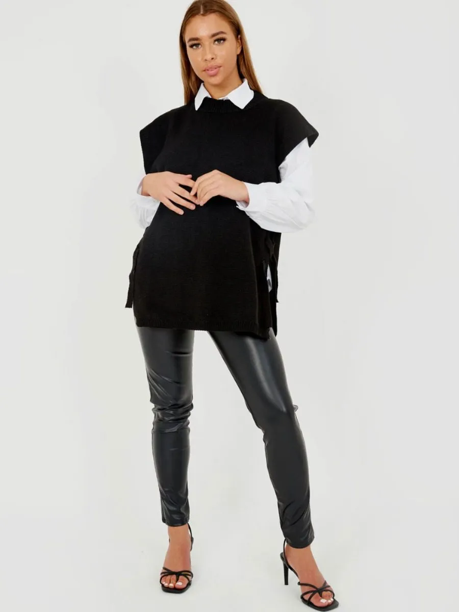 Kathrine Tie Side Crew Neck Knitted Vest In Black