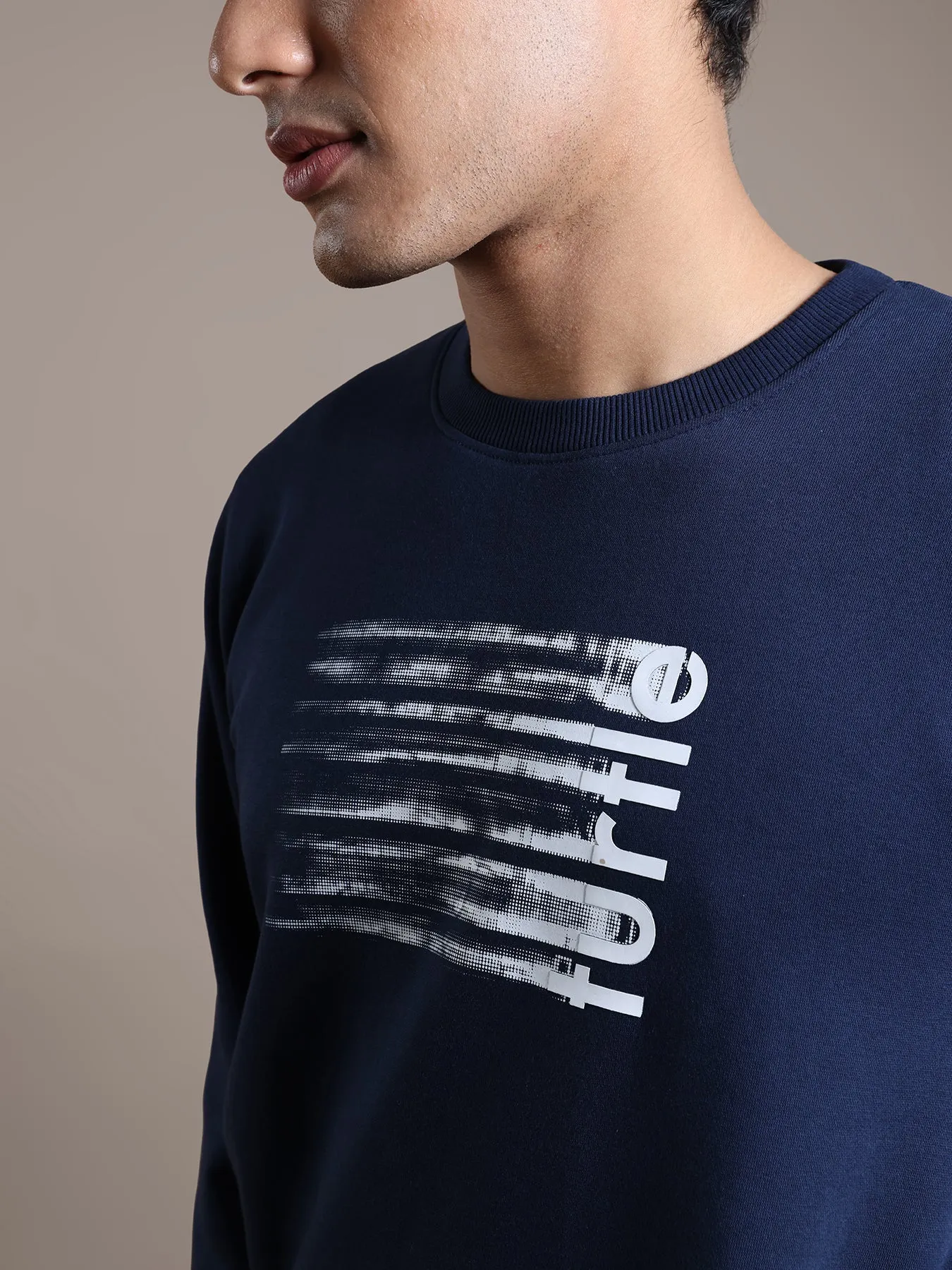 Knitted Navy Blue Printed Regular Fit Full Sleeve Casual Sweatshirt