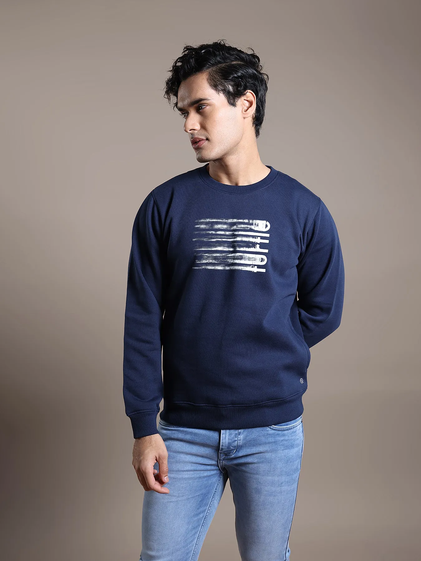 Knitted Navy Blue Printed Regular Fit Full Sleeve Casual Sweatshirt