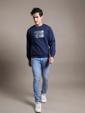 Knitted Navy Blue Printed Regular Fit Full Sleeve Casual Sweatshirt